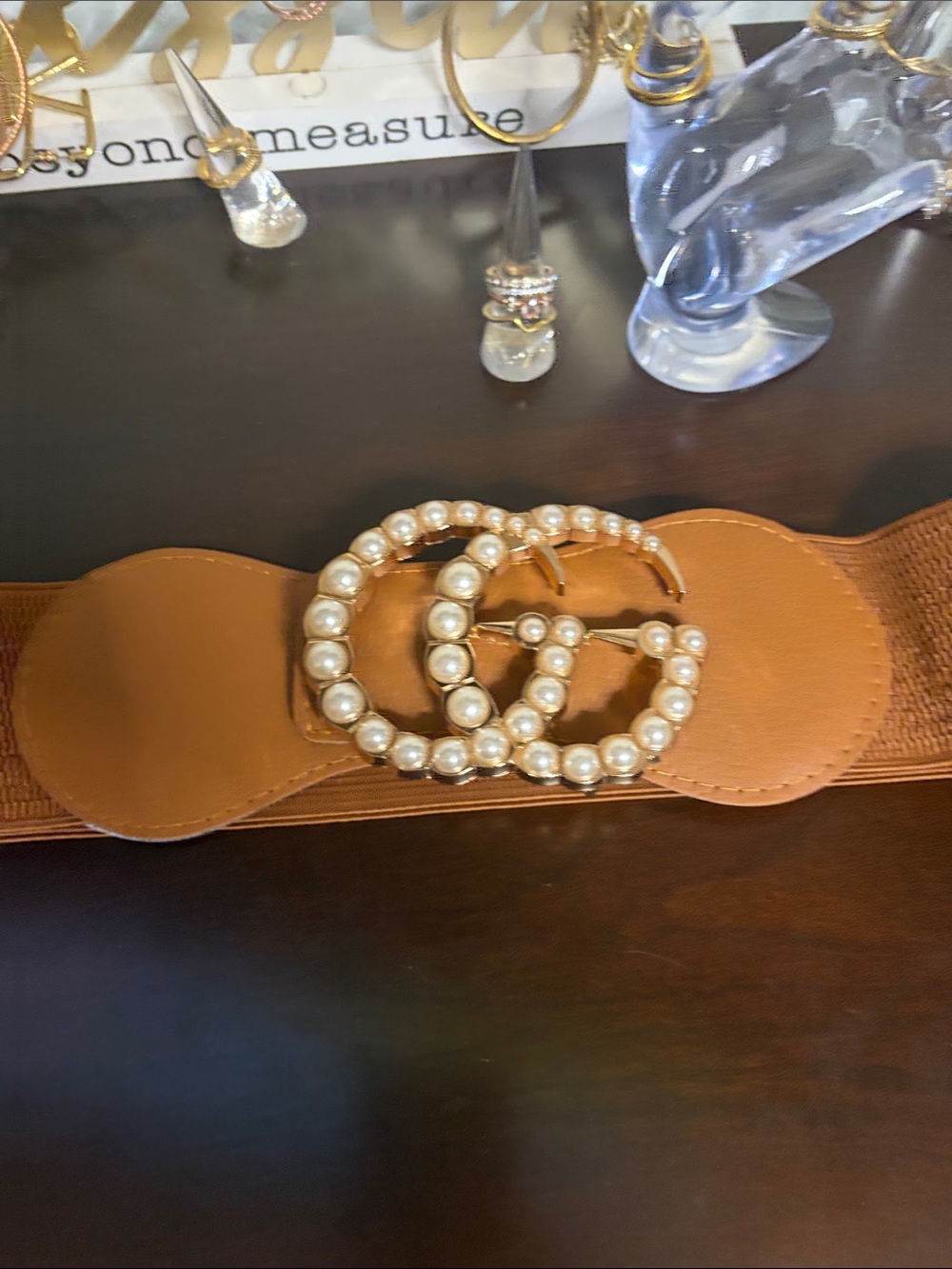 Pearl-Embellished Double G Buckle Stretch Waist Belt - Tan